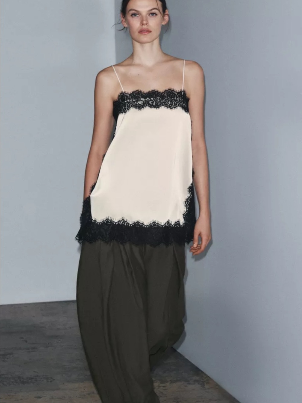 Zara Ivory Satin Cami with Black Lace Trim